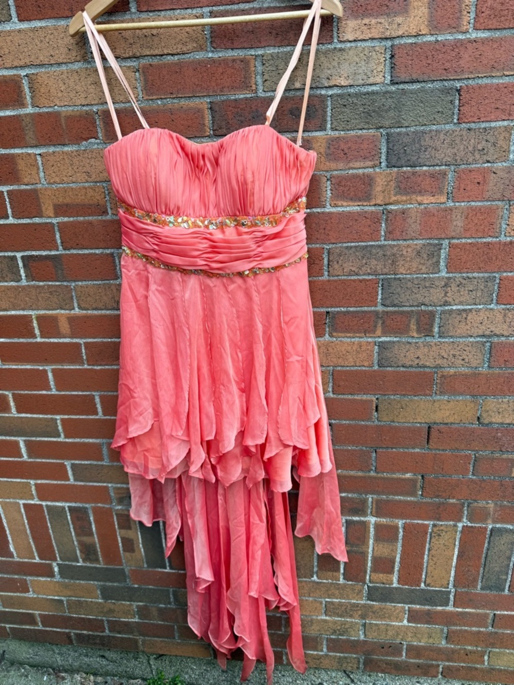 XSCAPE Coral High Low Dress Sequin Strapless Prom Formal Party Dress Size 12